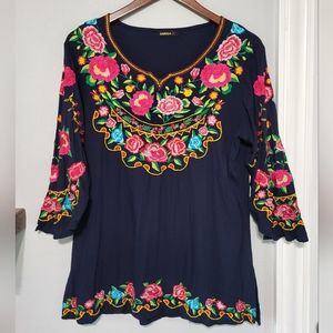 Durga Navy Blue Floral Embroidered Blouse Size Medium